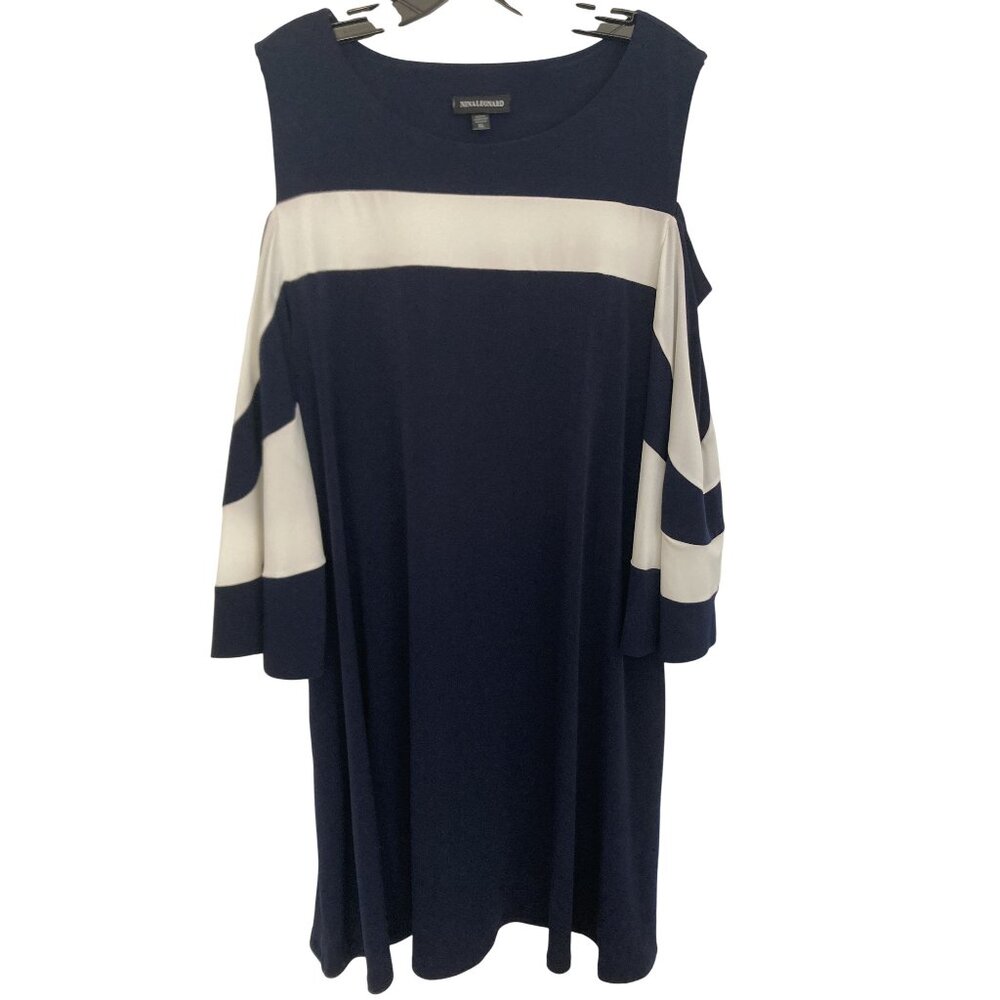 Nina Leonard Cold-Shoulder Navy & White Tunic Dress XL Flowing Sleeves, Pockets